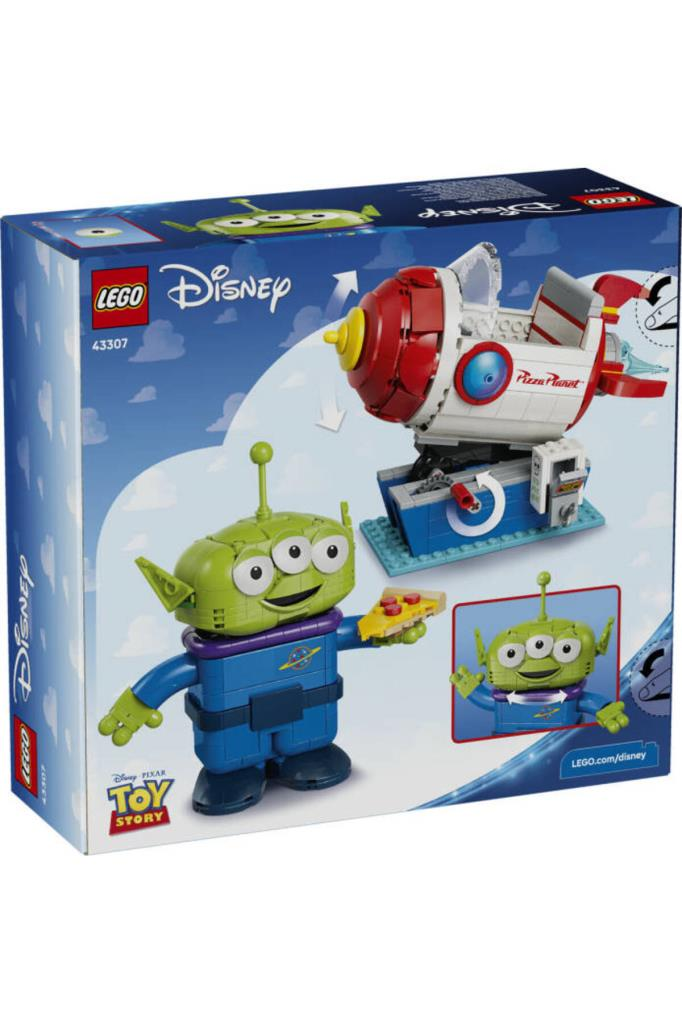 Yeşil bir uzaylı figürü ve kırmızı bir Pizza Planet roketi içeren Lego Disney Toy Story seti.