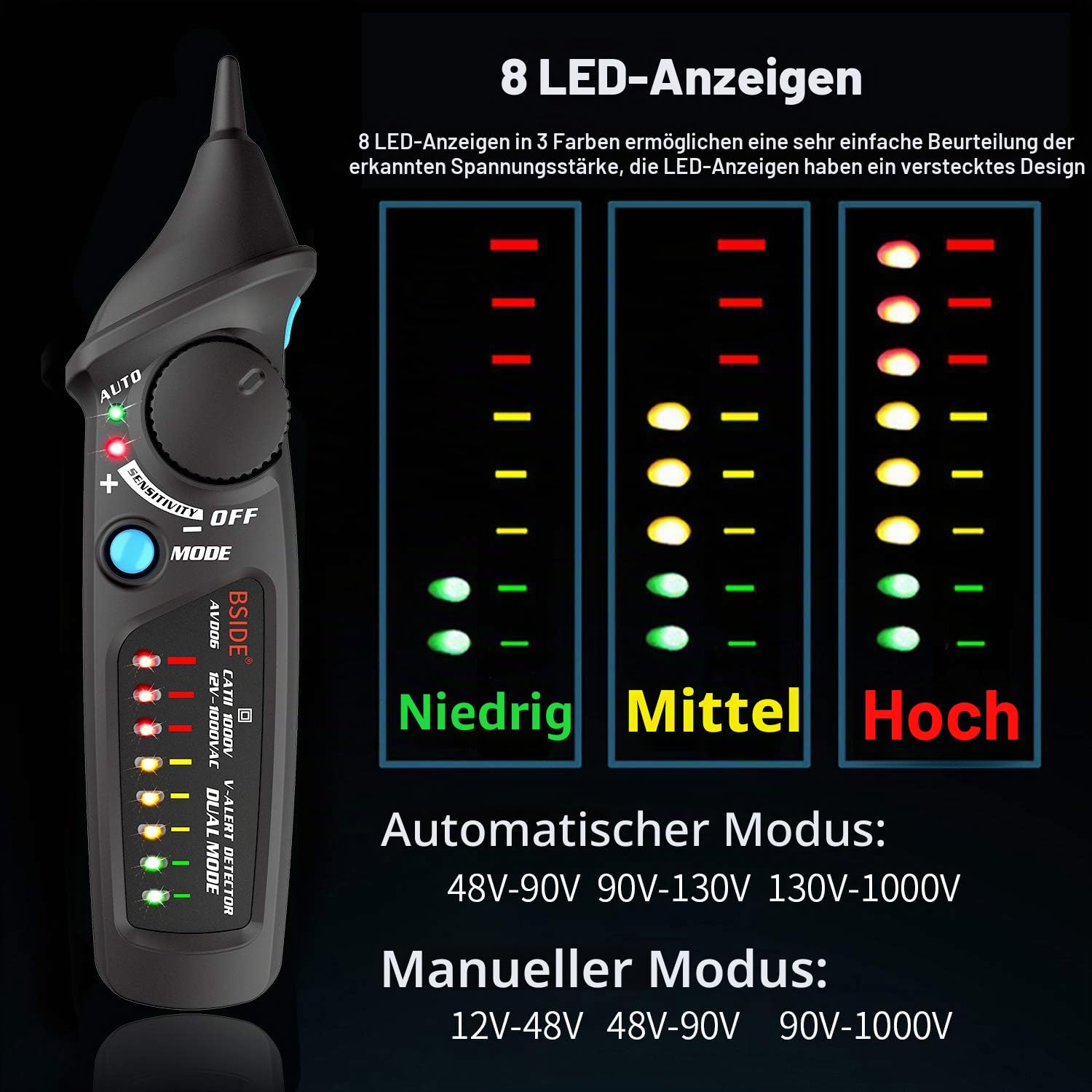 Spannungsprüfer mit 8 LED-Anzeigen für Niedrig-, Mittel- und Hochspannungsbereiche.