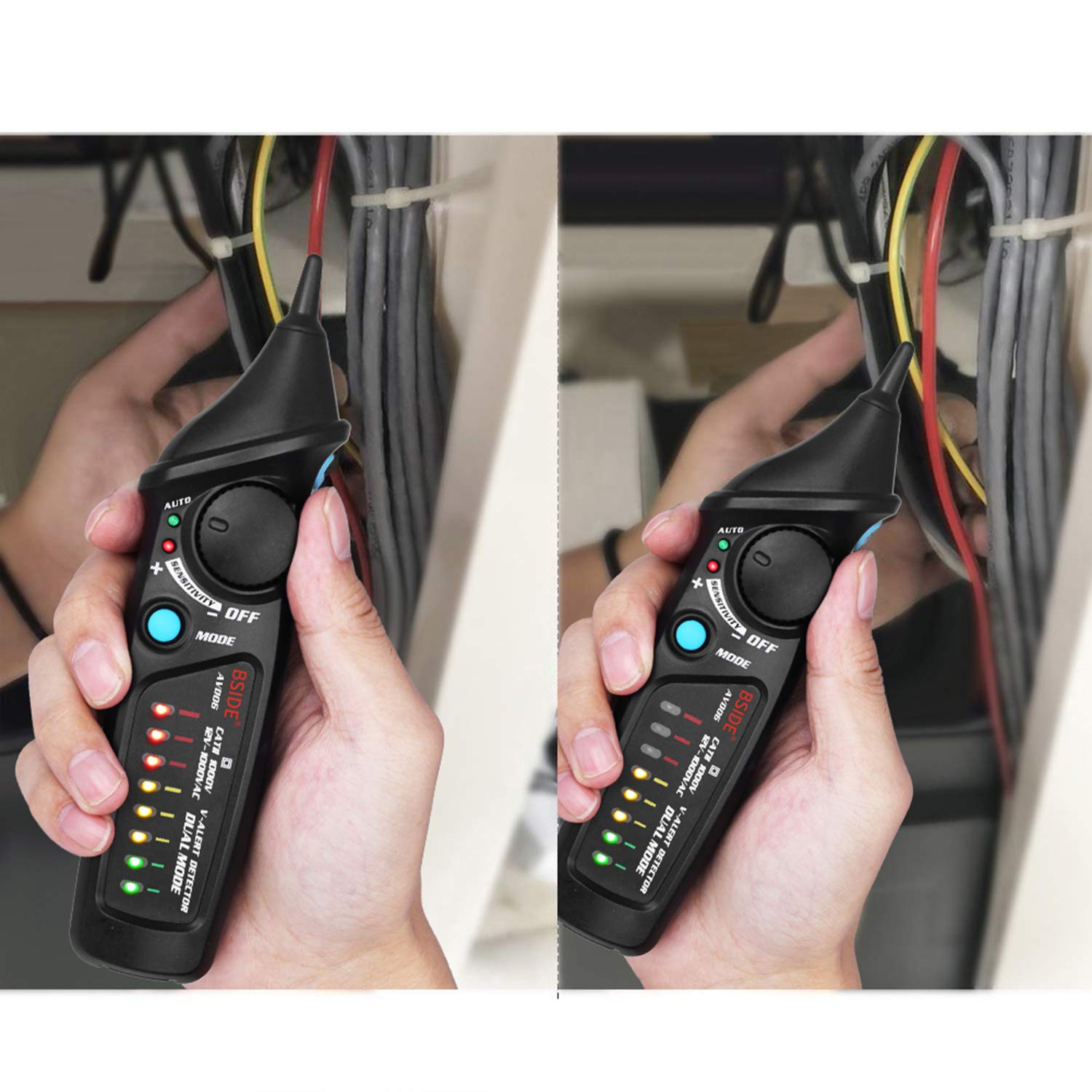Eine Hand hält einen schwarzen BSIDE-Spannungsprüfer mit leuchtenden LEDs vor einem Hintergrund mit Kabeln.