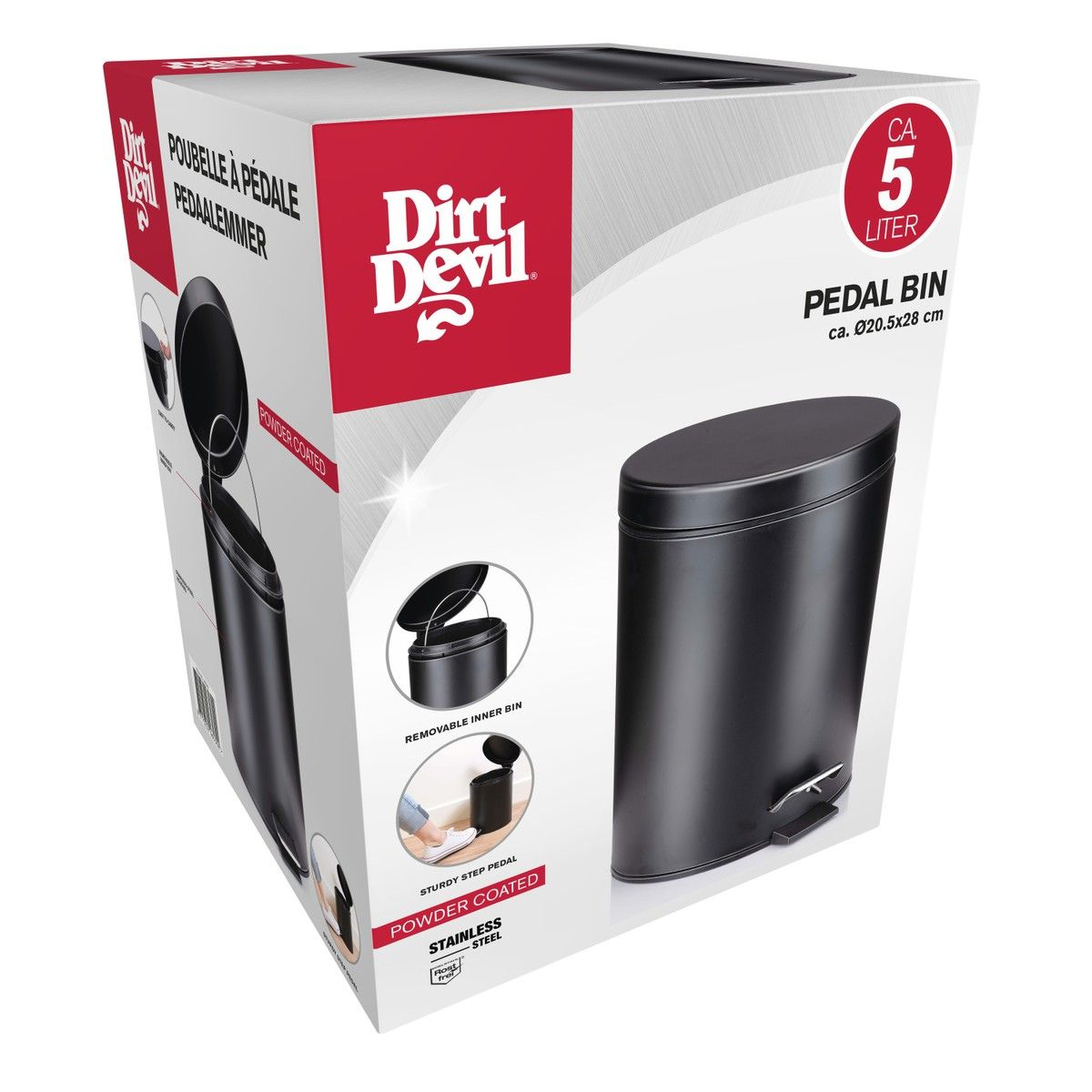 Dirt Devil 5-Liter-Treteimer-Verpackung, mattschwarz, mit Detailbildern.