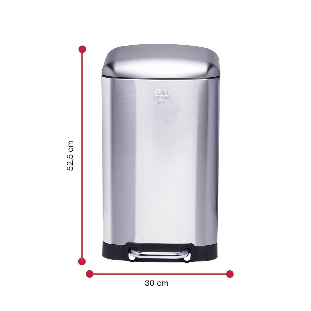 Roestvrijstalen prullenbak met afmetingen van 52,5 cm hoog en 30 cm breed.