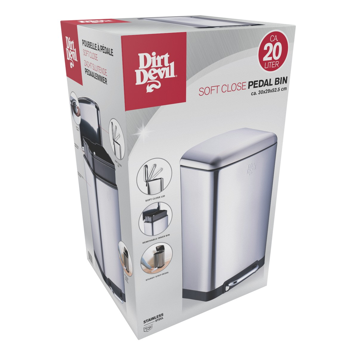 Productverpakking voor een Dirt Devil 20-liter roestvrijstalen pedaalemmer.