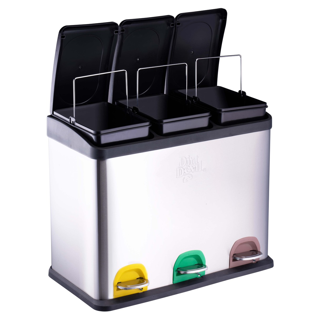 Poubelle triple en acier inoxydable avec couvercles ouverts, seaux intérieurs et pédales de couleur.