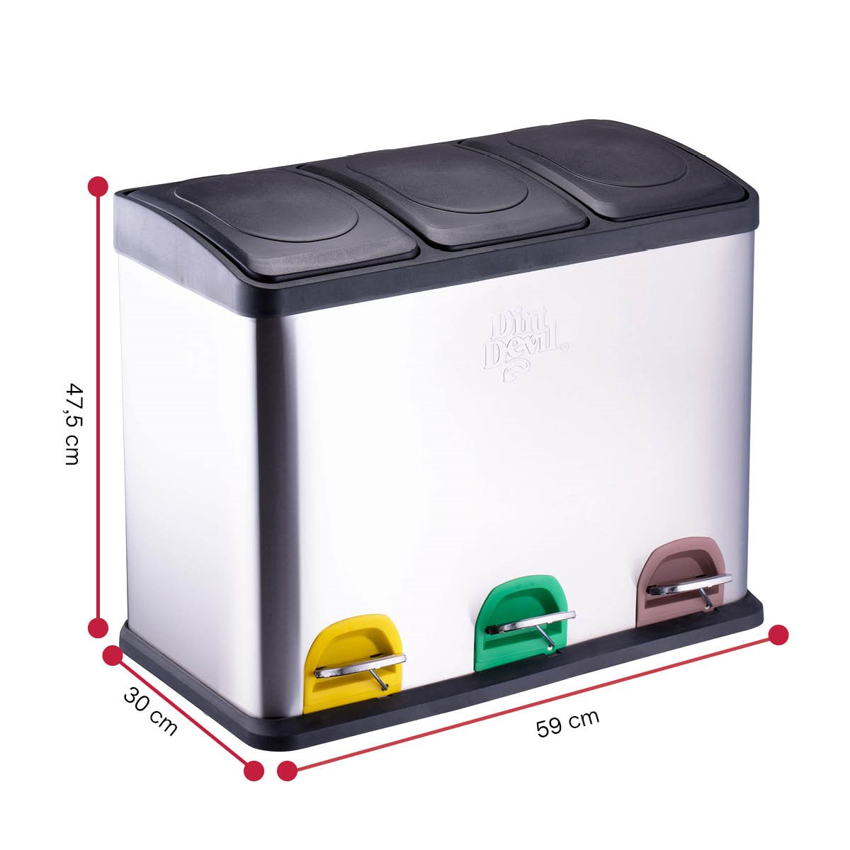 Poubelle triple en acier inoxydable avec pédales jaune, verte et marron, et dimensions.