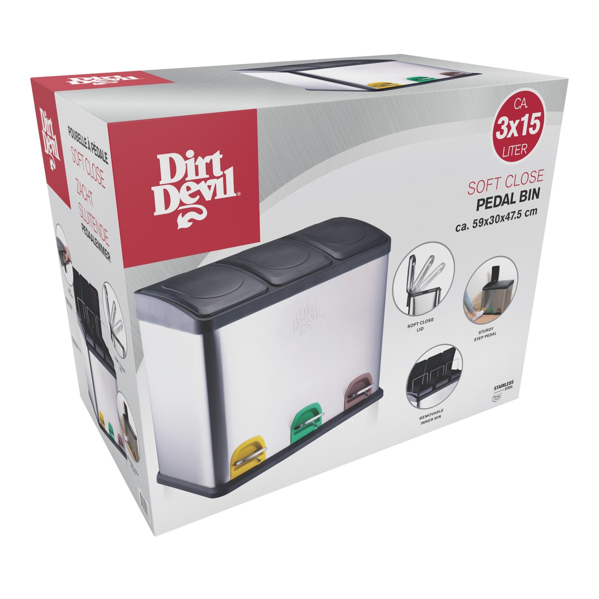 Boîte d'emballage d'une poubelle à pédale Dirt Devil à fermeture silencieuse avec trois compartiments.
