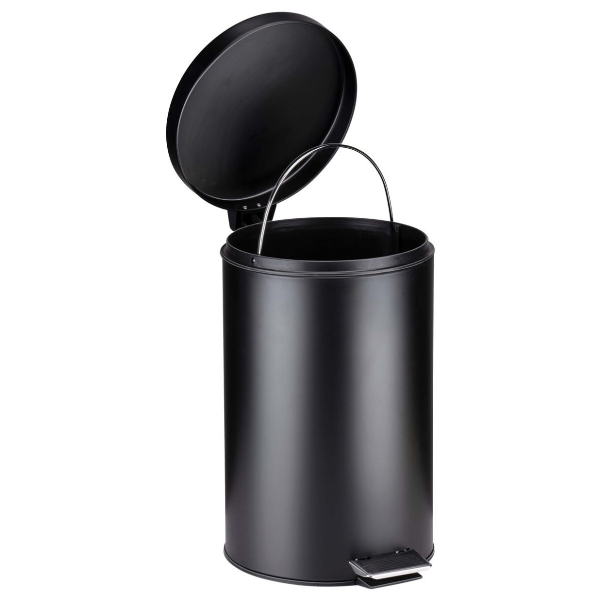 Une poubelle cylindrique noire avec couvercle ouvert, pédale argentée et poignée, sur fond blanc.