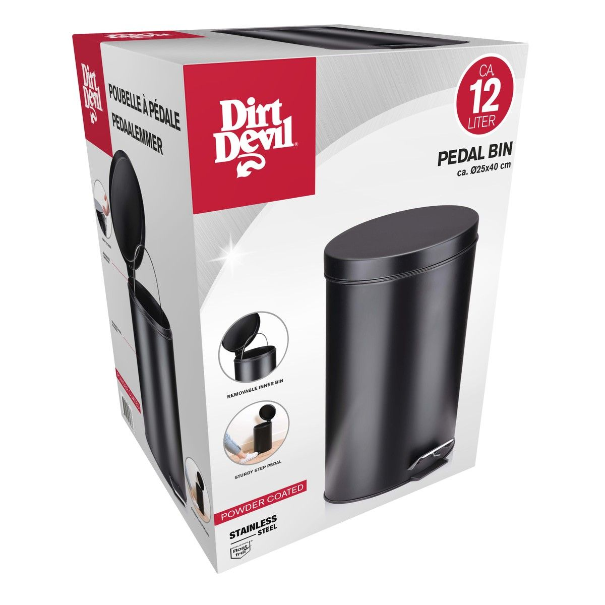 Boîte d'emballage pour une poubelle à pédale noire Dirt Devil de 12 litres avec revêtement en poudre.