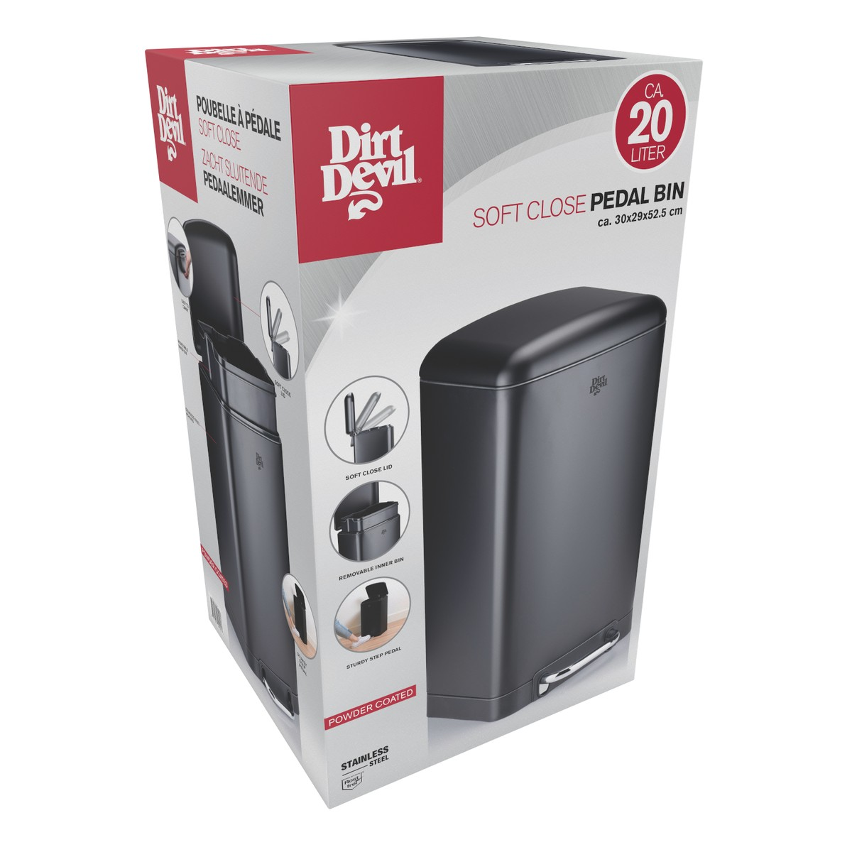Emballage d'une poubelle à pédale grise de 20 litres Dirt Devil, avec des photos du produit.