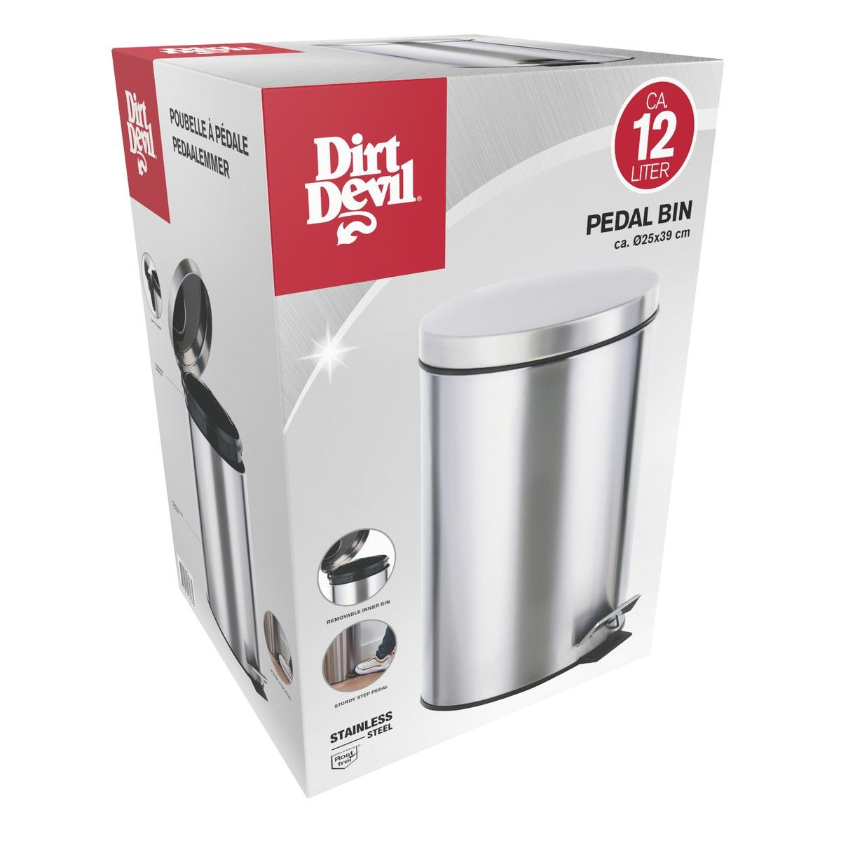 Emballage d'une poubelle à pédale en acier inoxydable Dirt Devil de 12 litres sur fond blanc.