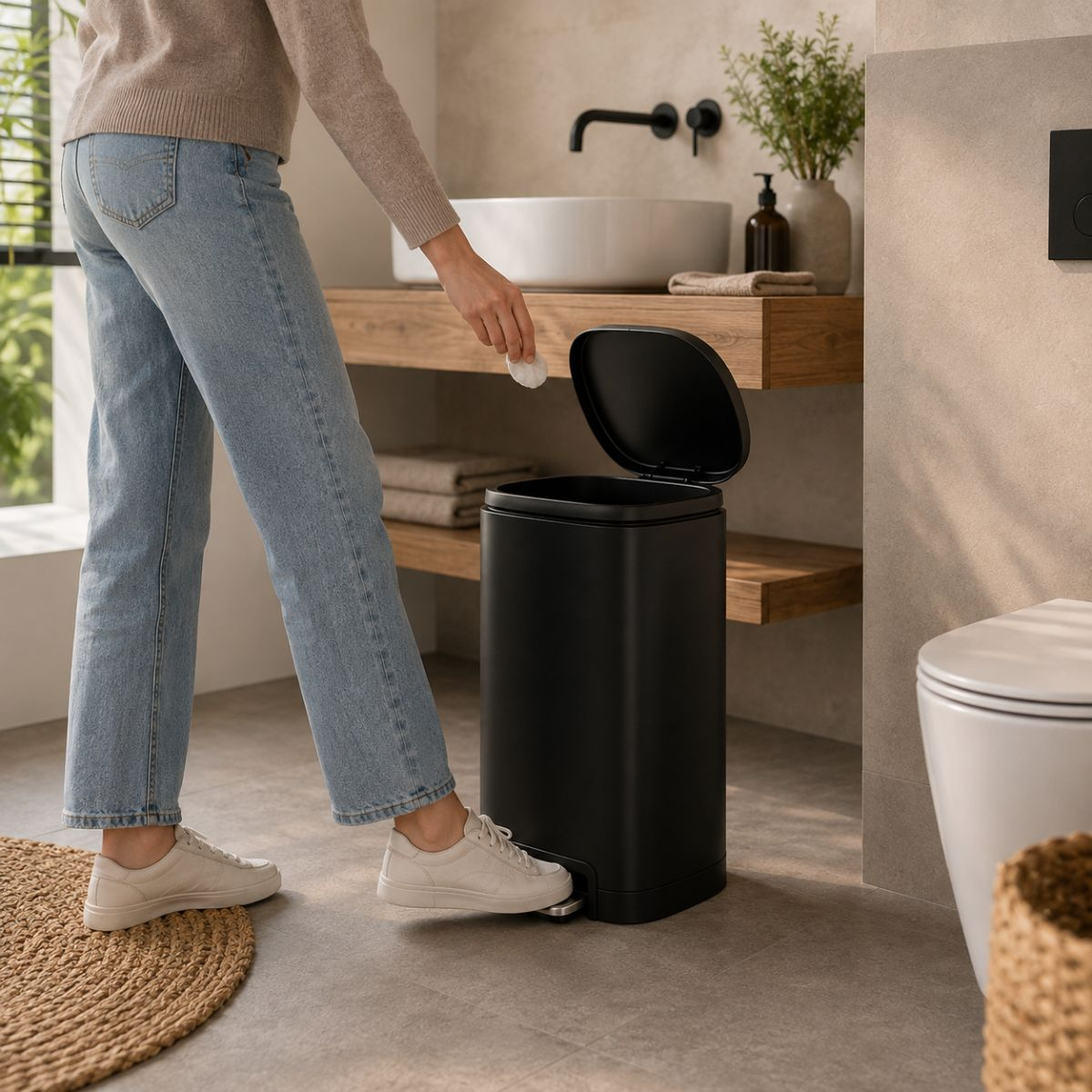 Eine Frau in Jeans und weißem Pullover öffnet den Mülleimer mit dem Fuß im modernen Badezimmer.