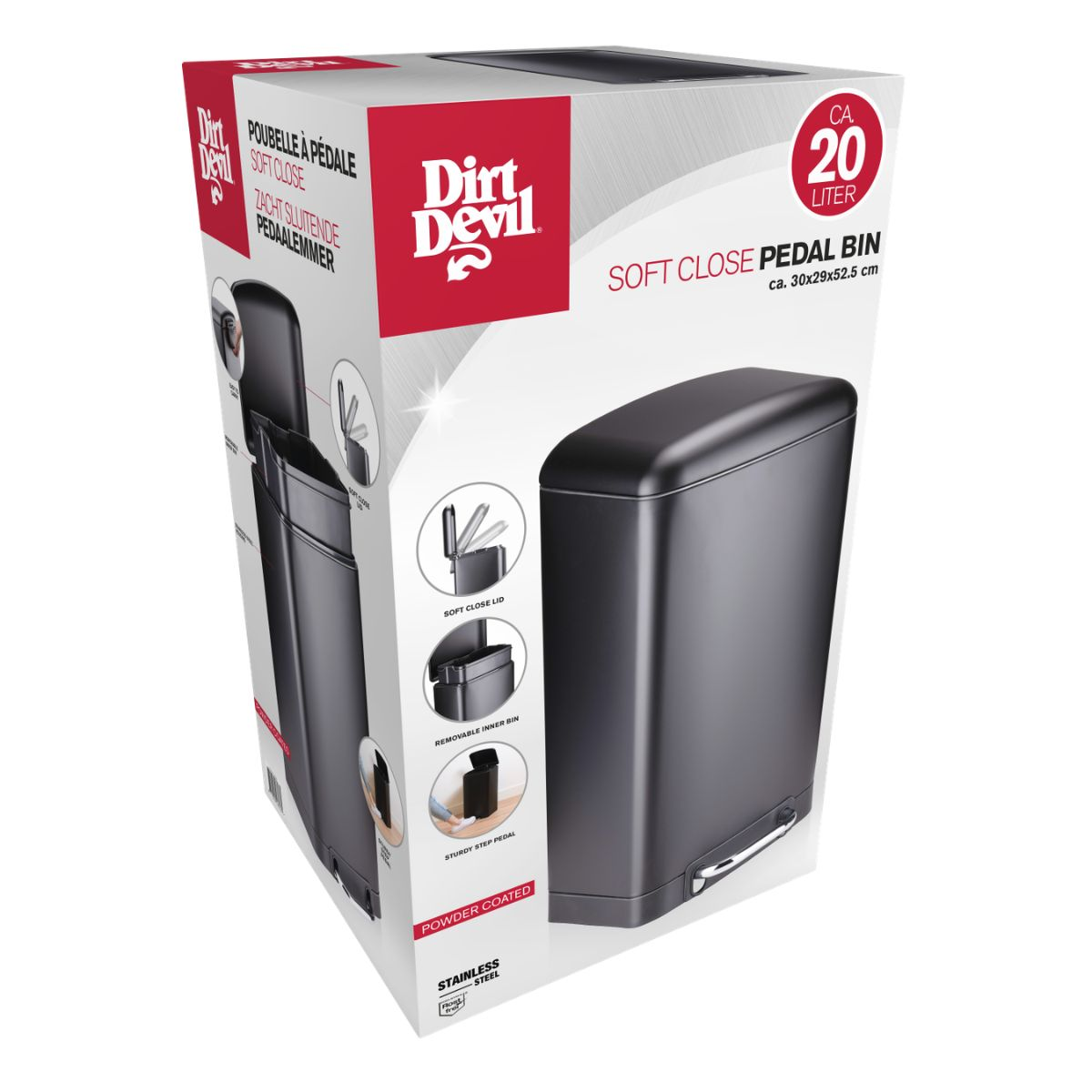 Produktverpackung eines grauen 20-Liter-Treteimers von Dirt Devil mit Produktfotos.