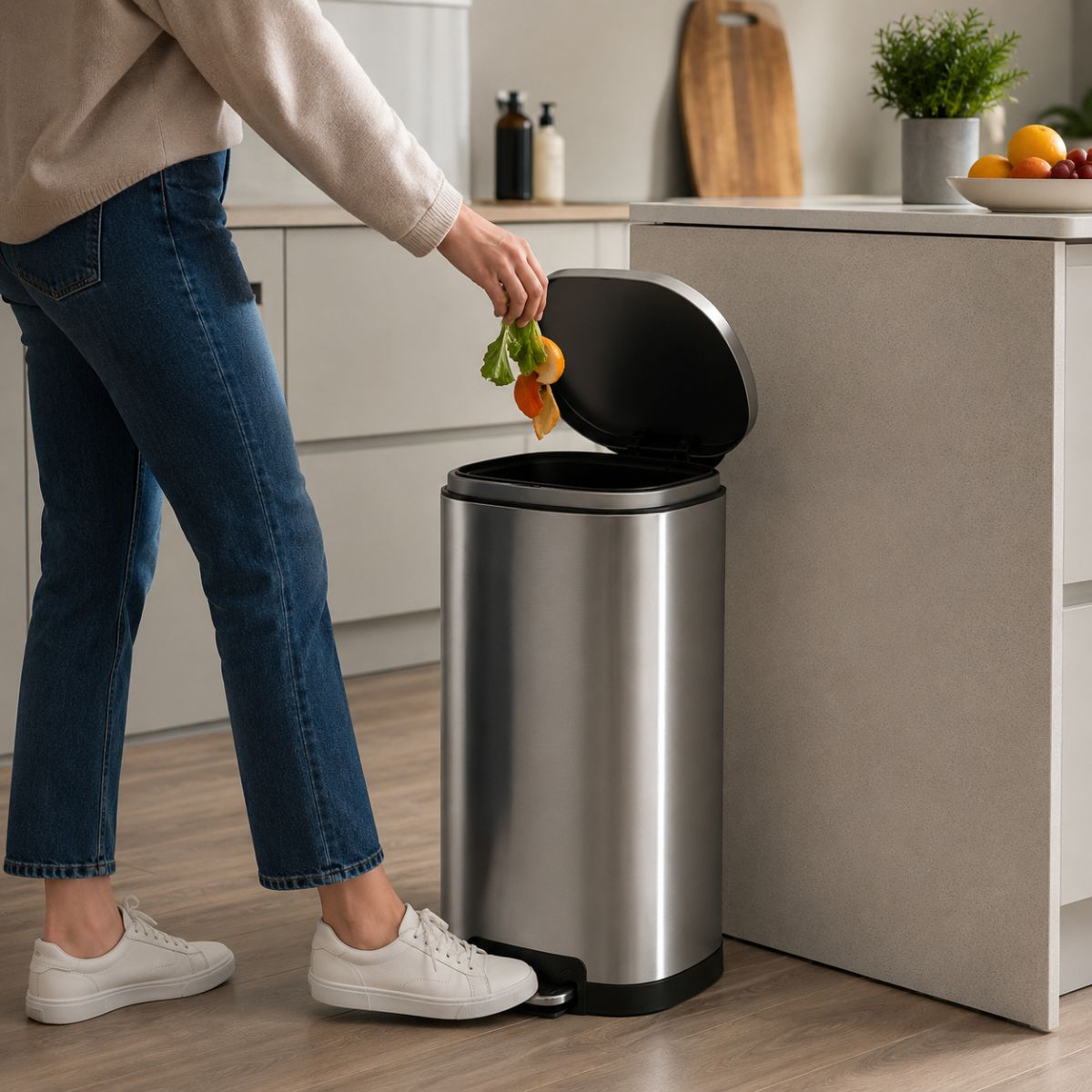 A woman in jeans throws vegetable scraps into an open stainless steel bin in the kitchen.