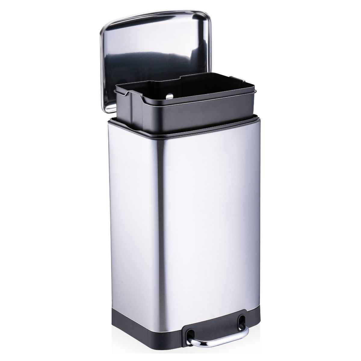 Silver step trash can with an open lid and black inner bucket against a white background.