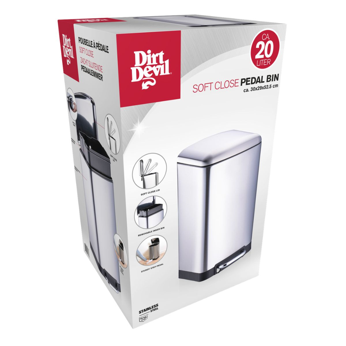 Product packaging for a Dirt Devil 20-liter stainless steel pedal bin with soft-close function.