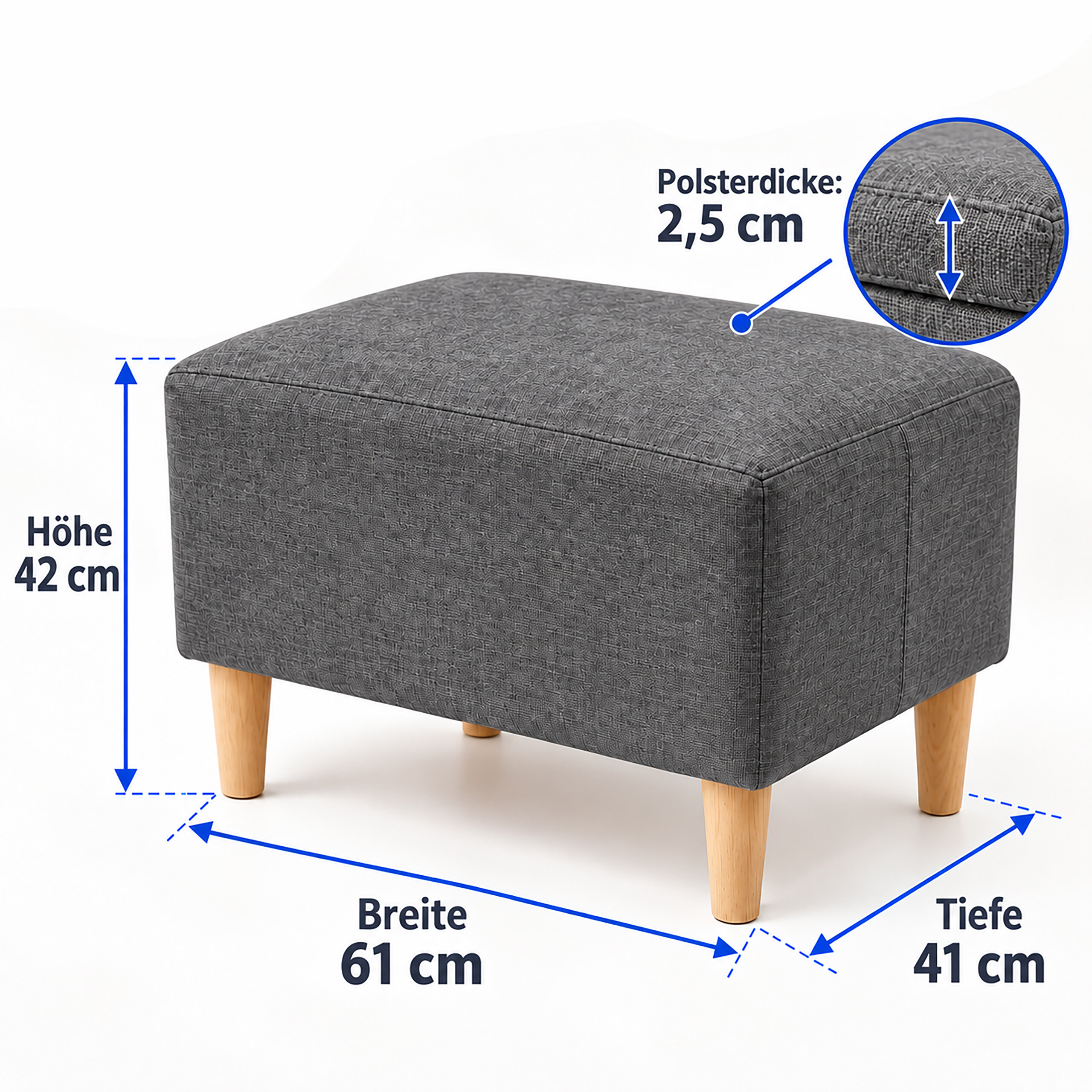 Grauer Polsterhocker mit Holzbünden und Bemaßung, Breite 61 cm, Tiefe 41 cm, Höhe 42 cm.