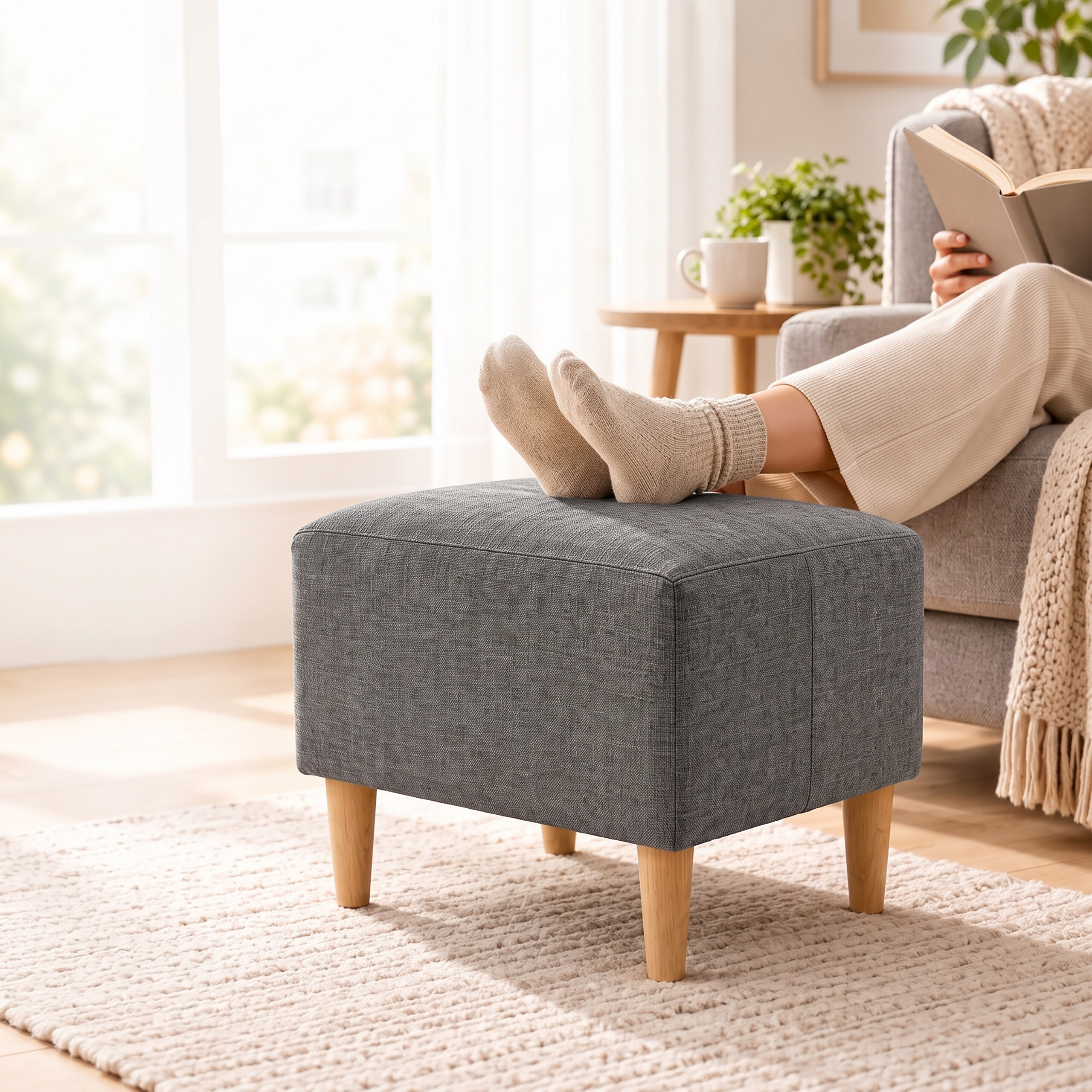 Eine Person sitzt gemütlich auf einem Sofa, die Füße in dicken Socken auf einem grauen Hocker und liest ein Buch.