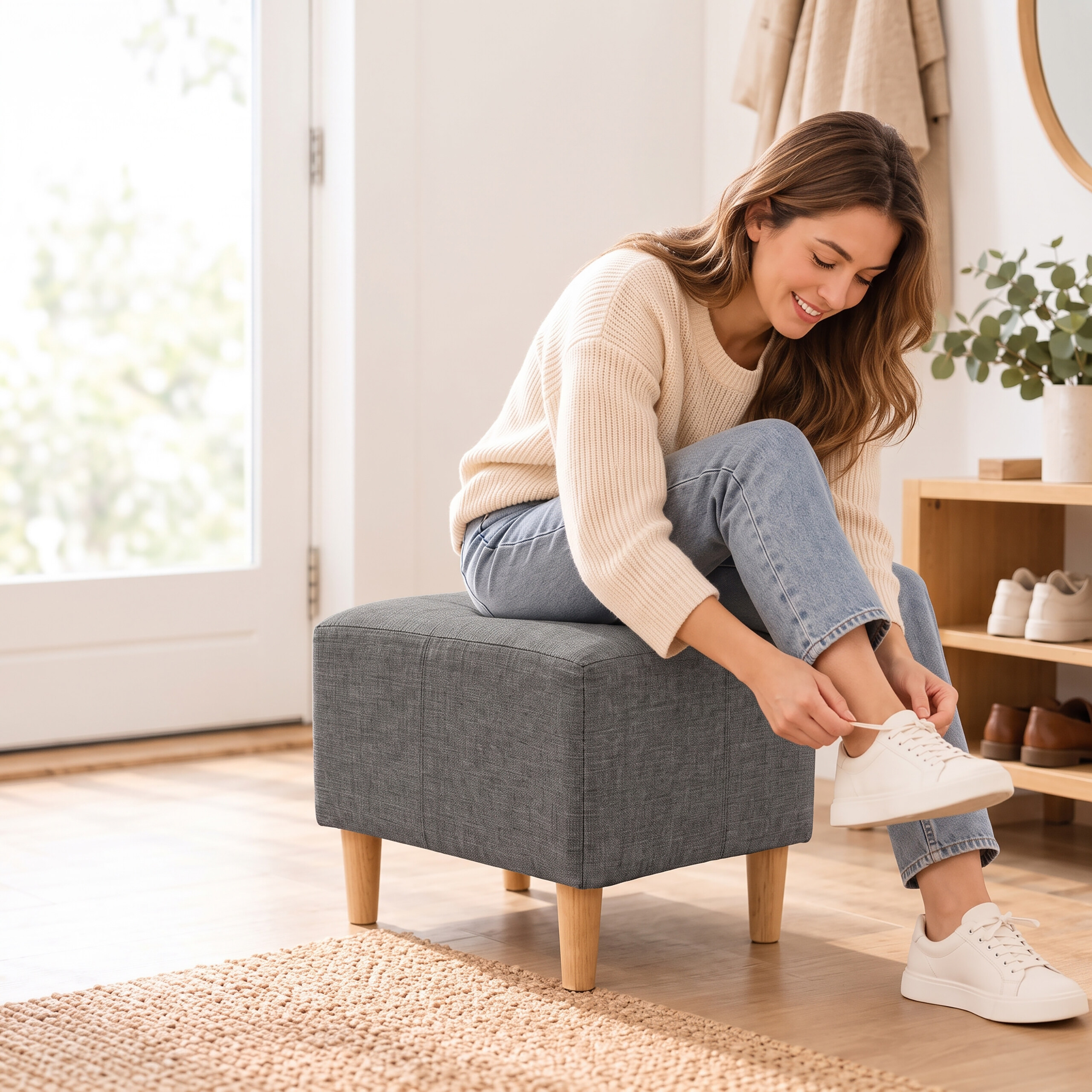 Eine Frau in einem cremefarbenen Pullover und Jeans sitzt auf einem grauen Hocker und bindet ihre weißen Turnschuhe.