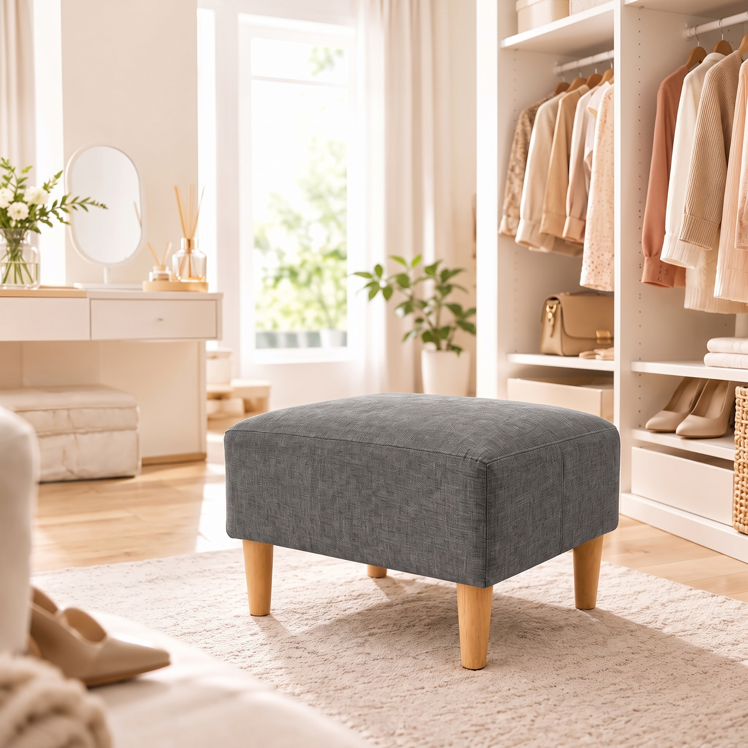 Ein grauer Polsterhocker mit Holzbeinen steht in einem hellen Ankleidezimmer vor einem großen Kleiderschrank.