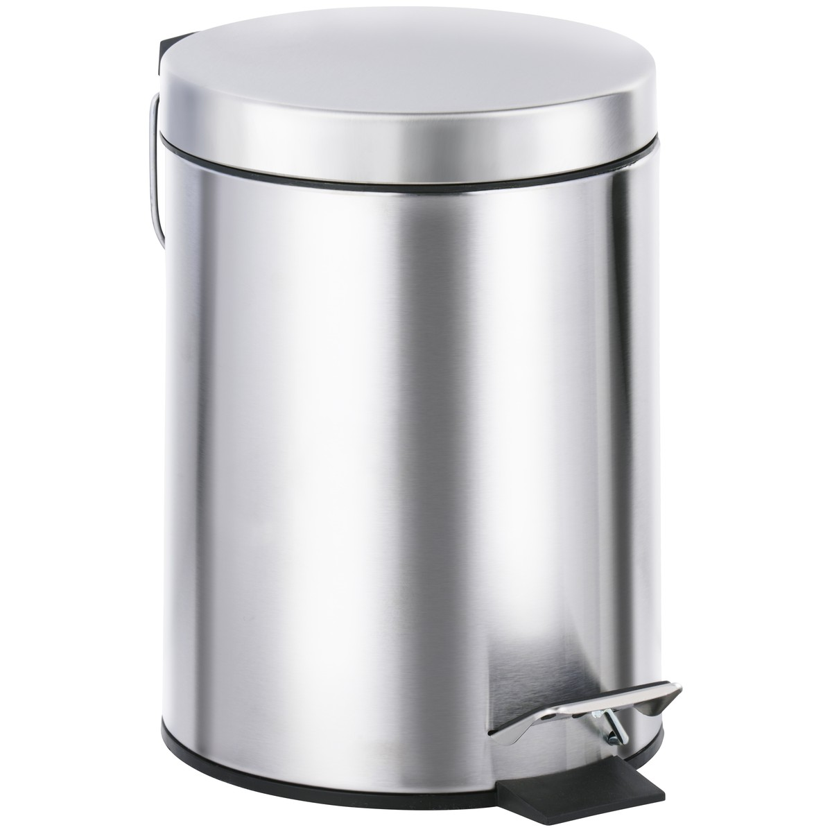 A cylindrical stainless steel trash can with a closed lid and a black foot pedal.