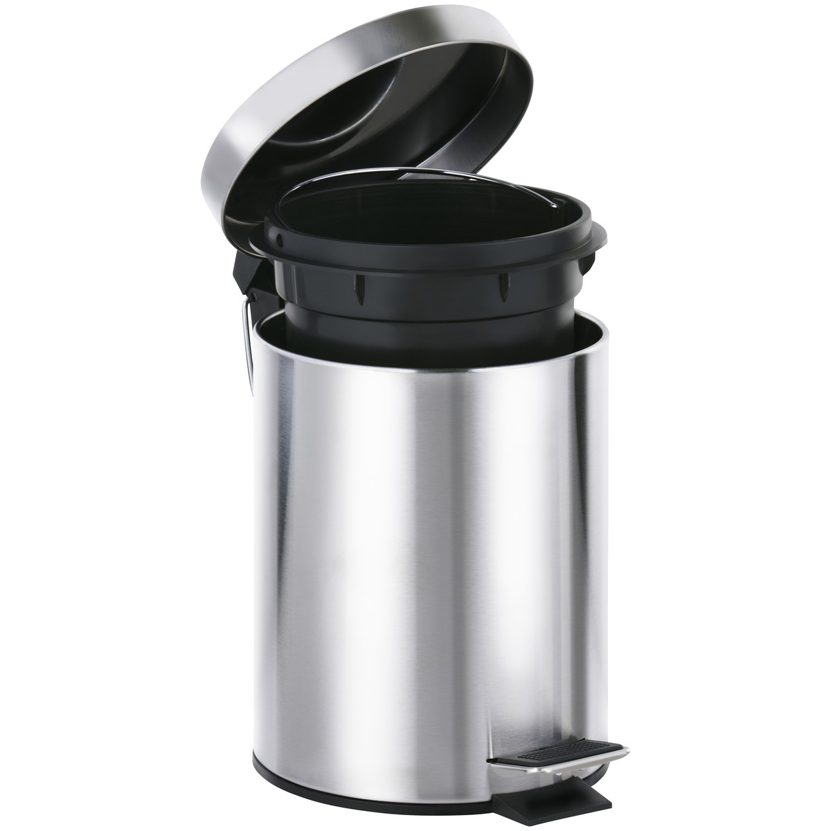 A silver trash can with an open lid and a black inner bucket stands against a white background.