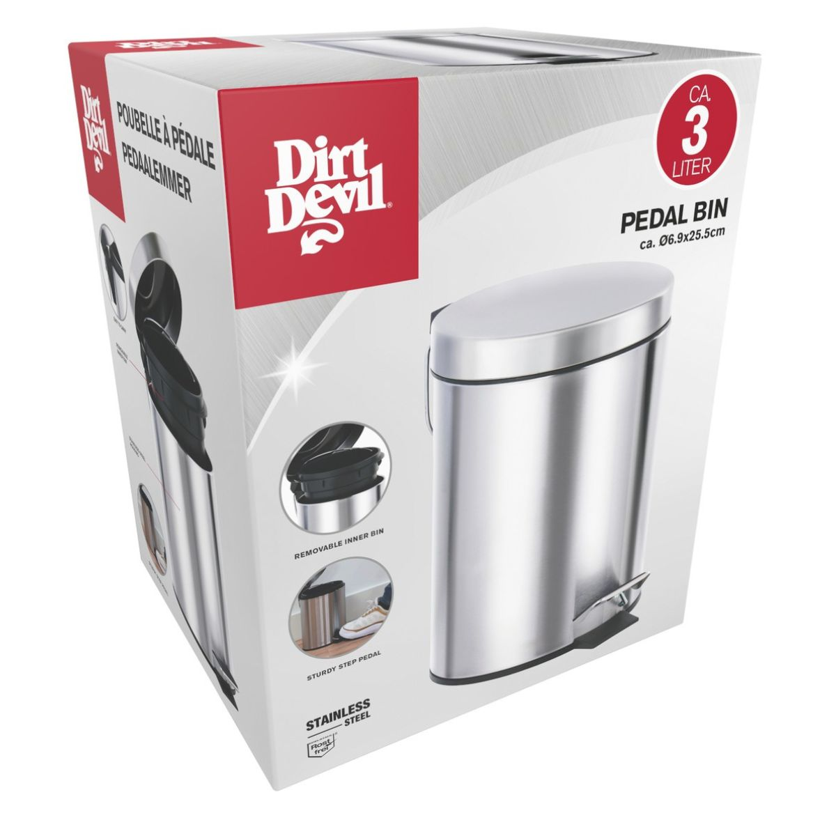 Packaging for a Dirt Devil 3-liter stainless steel pedal bin.