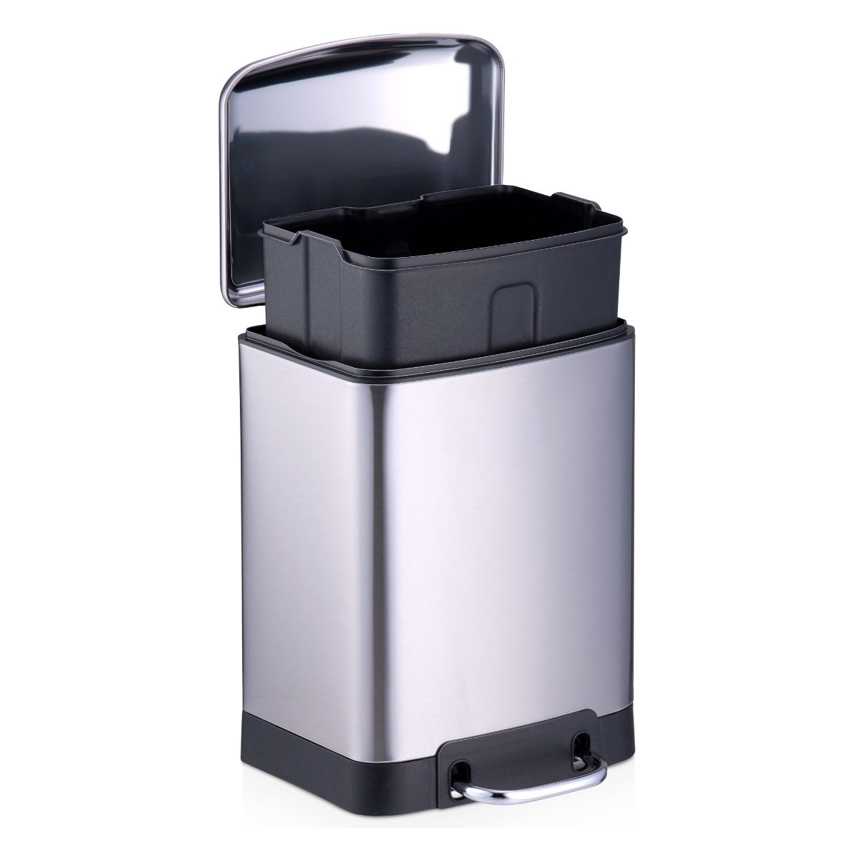 Une poubelle rectangulaire en acier inoxydable avec couvercle ouvert, seau intérieur noir amovible et pédale.