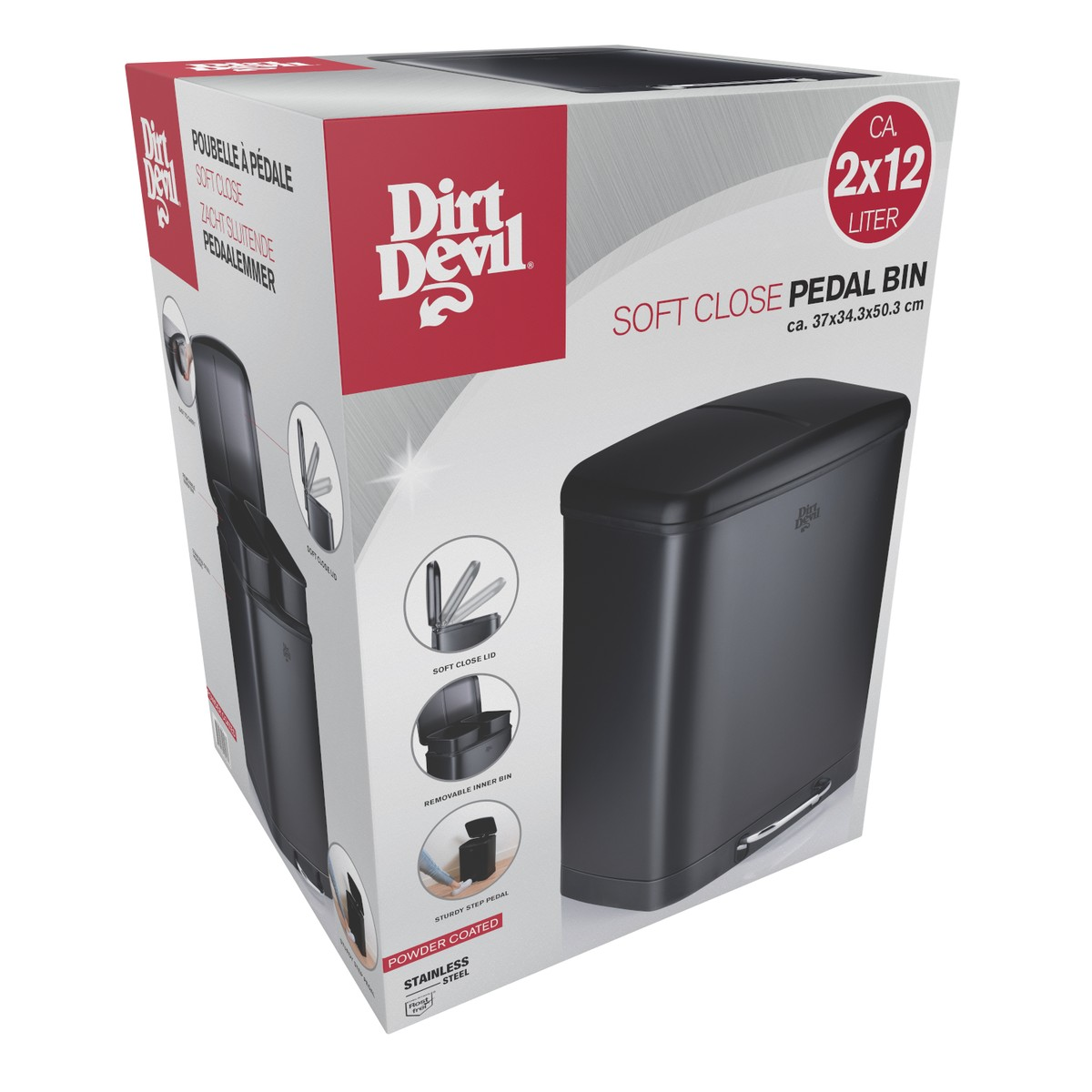 Emballage d'une poubelle noire Dirt Devil à double compartiment et fermeture douce.