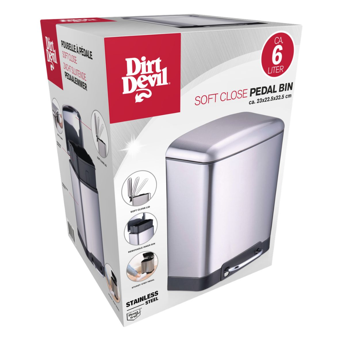 Boîte d'emballage pour une poubelle à pédale Dirt Devil argentée de 6 litres.