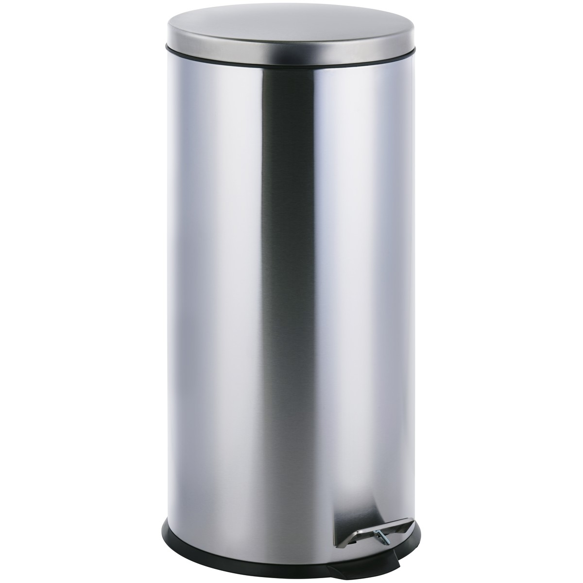 A cylindrical stainless steel trash can with a flat lid and foot pedal at the bottom against a white background.