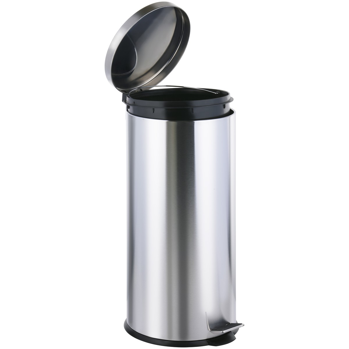 A cylindrical stainless steel trash can with an open lid and a foot pedal on a white background.