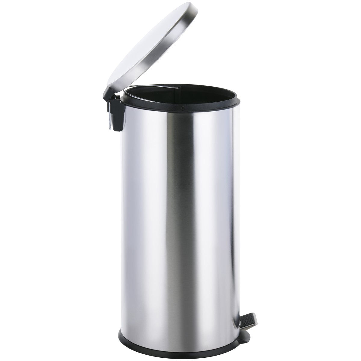 A cylindrical stainless steel trash can with an open lid and a foot pedal on a white background.
