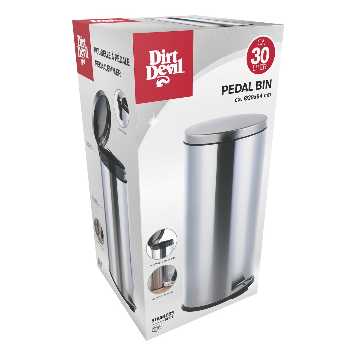 Cardboard packaging for a 30-liter Dirt Devil stainless steel pedal bin, featuring product photos.