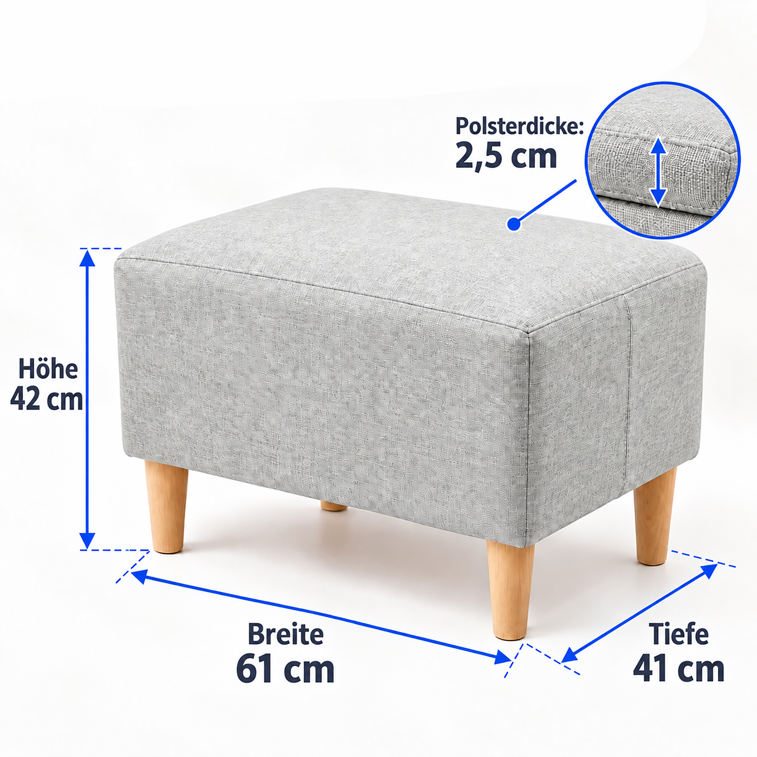Grauer Polsterhocker mit Holzbeinen, Maße: Höhe 42 cm, Breite 61 cm, Tiefe 41 cm, Polsterdicke 2,5 cm.