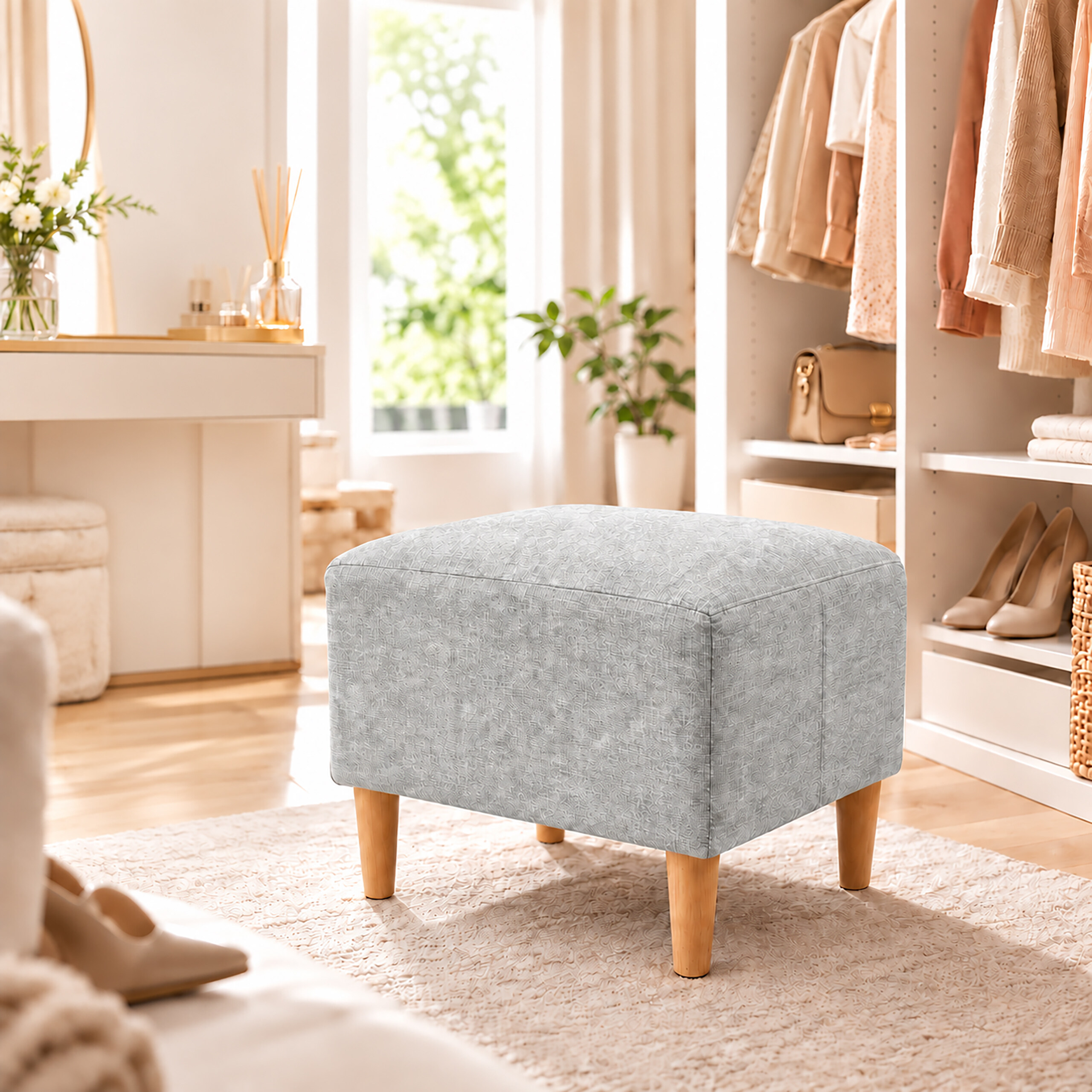 Ein grauer Polsterhocker mit Holzbeinen steht auf einem Teppich in einem hellen Schlafzimmer mit Kleiderschrank.