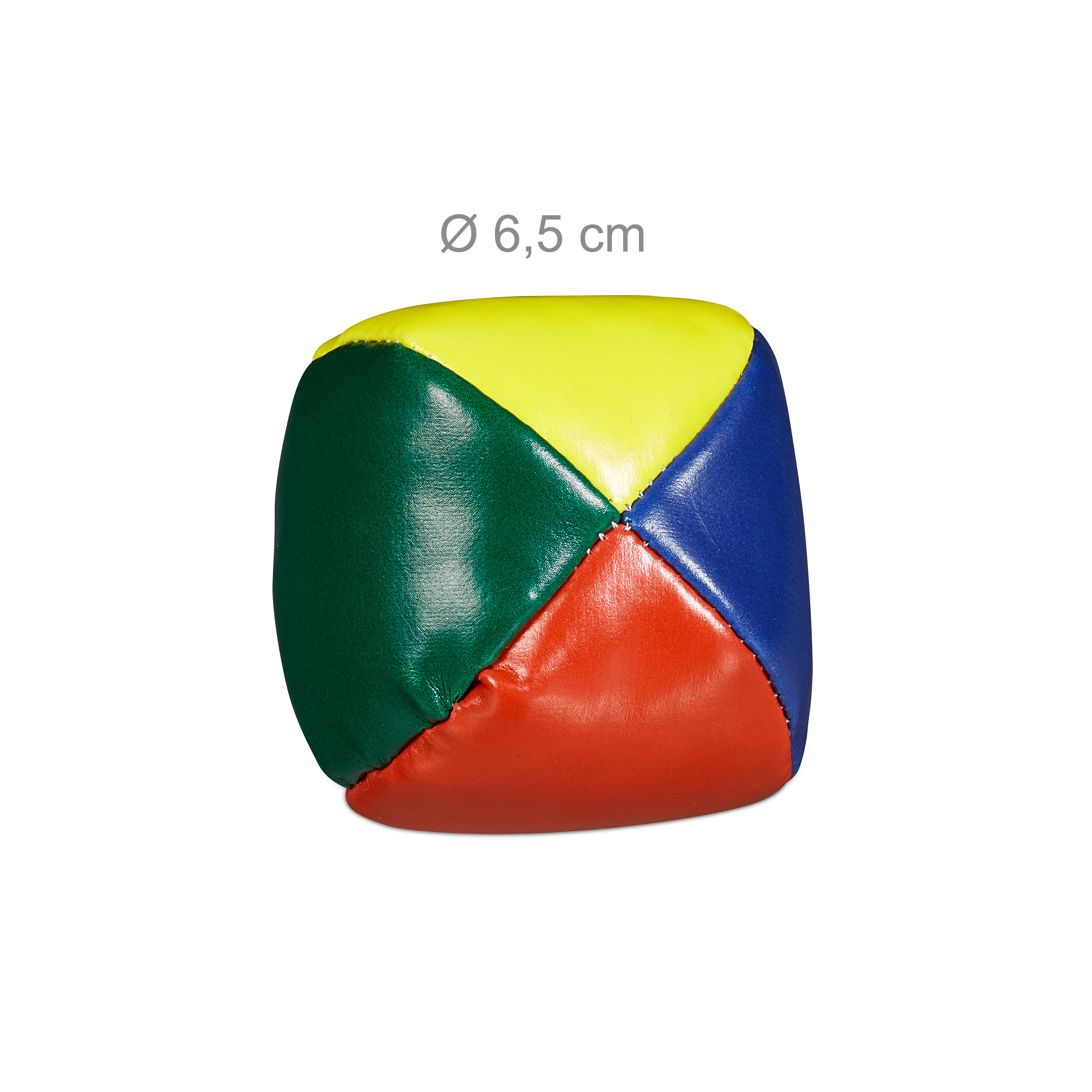 Ein bunter, viereckiger Jonglierball mit 6,5 cm Durchmesser, in Gelb, Blau, Rot und Grün auf weißem Grund.