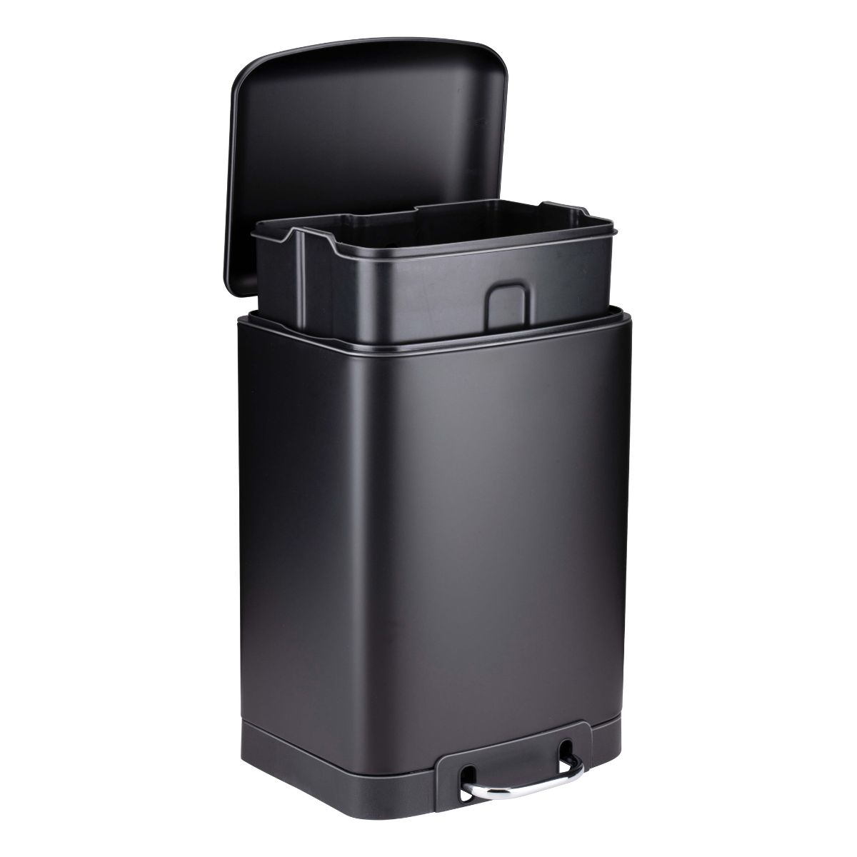 A black rectangular step trash can with an open lid, showing a removable inner bucket and a silver foot pedal.