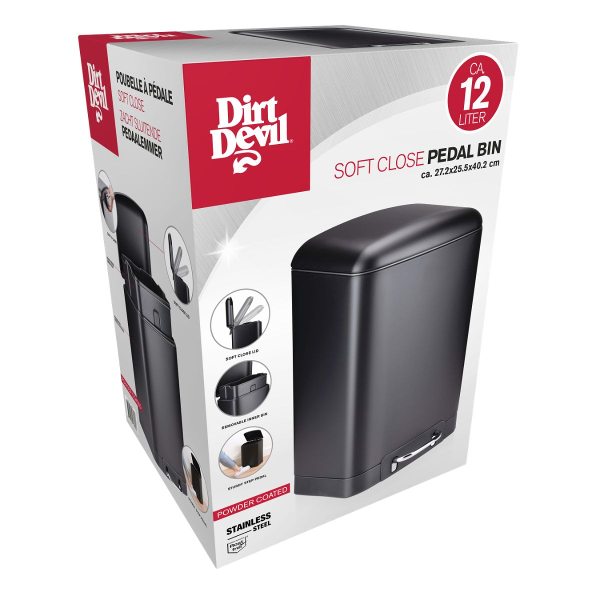 Product packaging for a black 12-liter soft-close pedal bin by Dirt Devil.