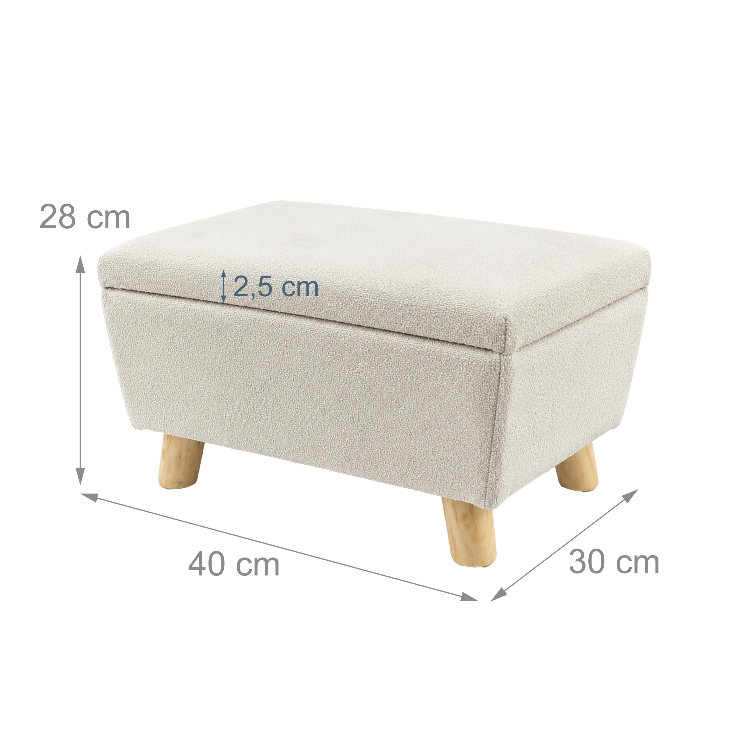 Beige gepolsterter Hocker mit Holzbeinen und Maßen: 40 cm Länge, 30 cm Breite und 28 cm Höhe.