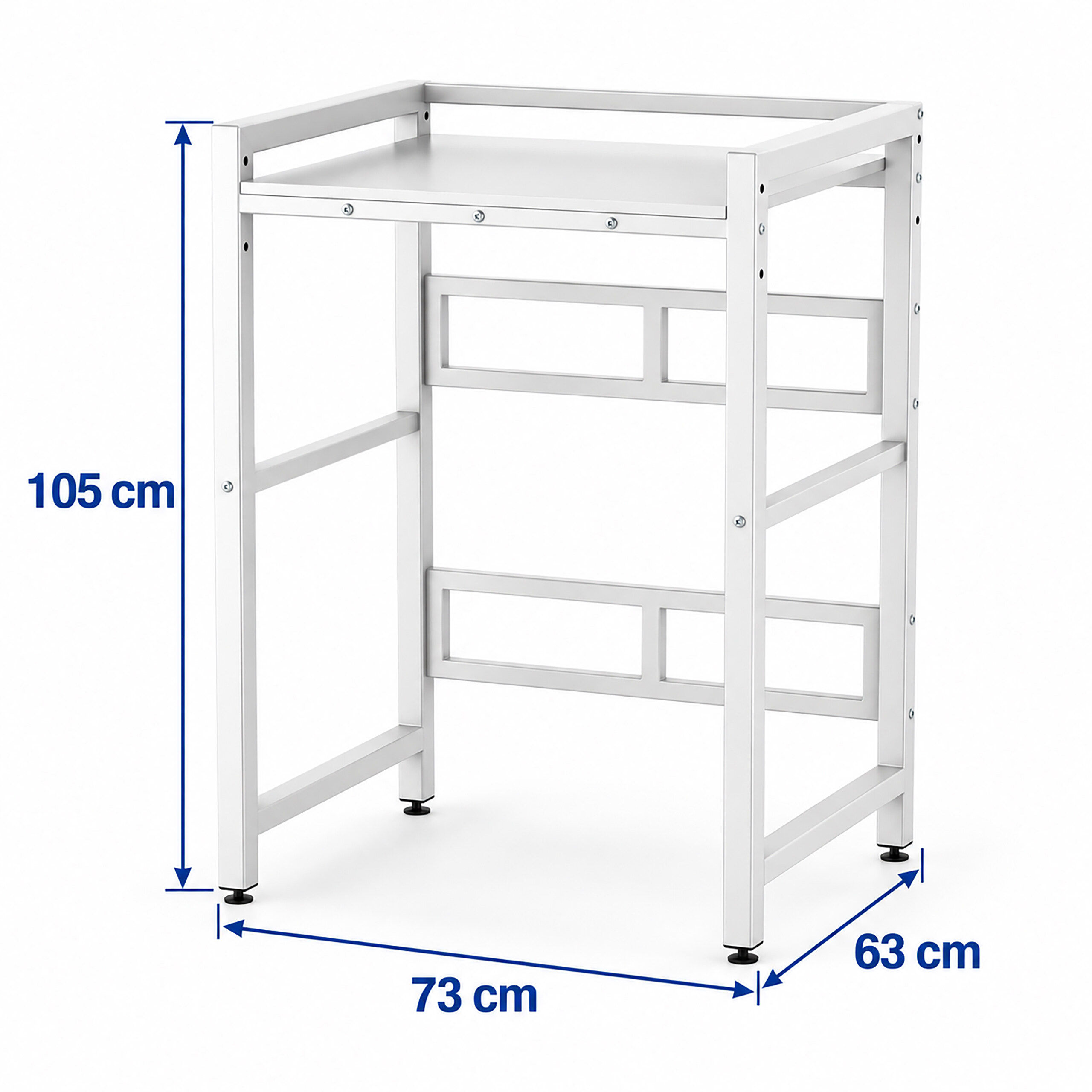 Silberner Metallrahmen mit oberem Regal und Abmessungen von 105x73x63 cm.