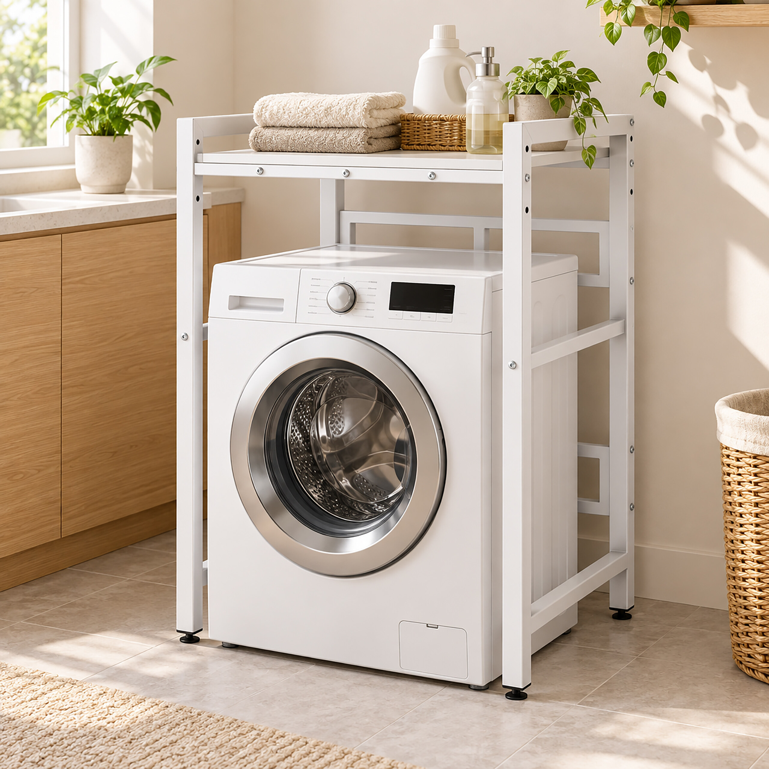 Weiße Waschmaschine mit Metallregal für Handtücher, Waschmittel und Pflanzen in einem hellen Waschraum.