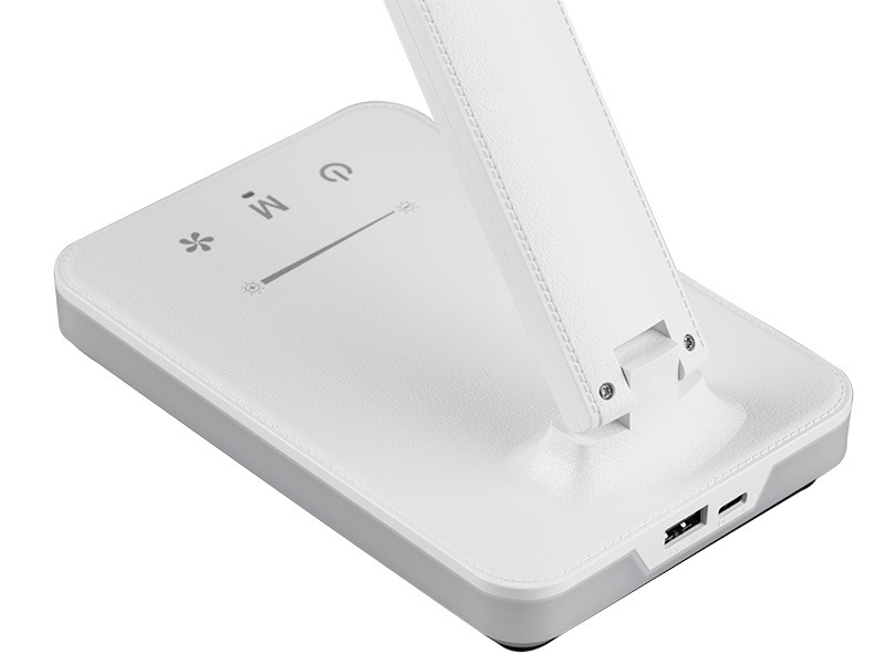 Biała lampka biurkowa z panelem dotykowym i portami USB.