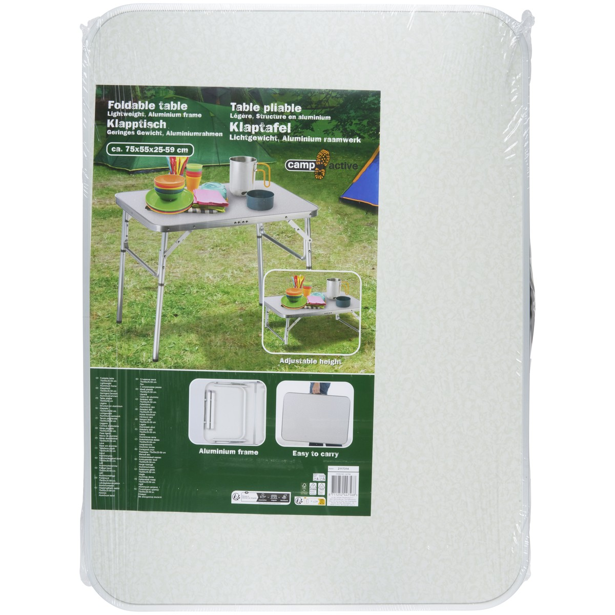 Table de camping pliante emballée avec images et texte.