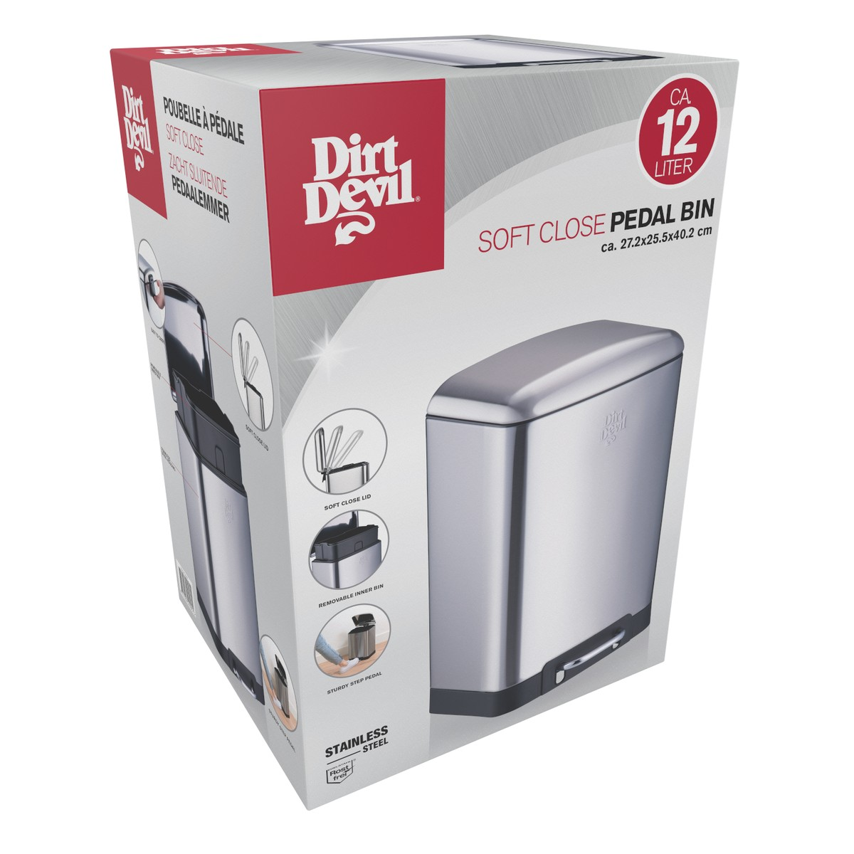 Boîte d'emballage pour une poubelle à pédale en acier inoxydable Dirt Devil de 12 litres, avec photos.