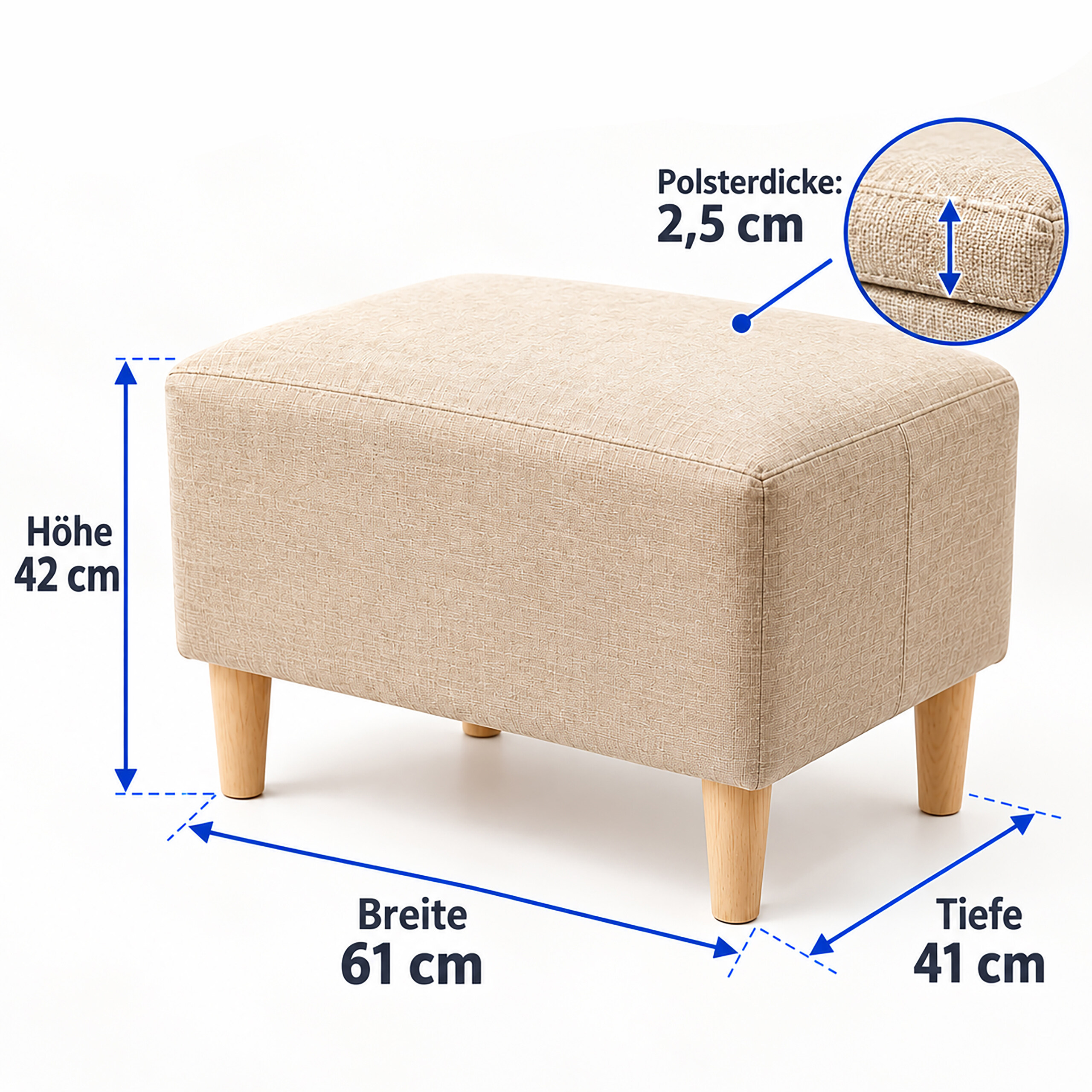 Beige Polsterhocker mit Holzbünden und Maßangaben.