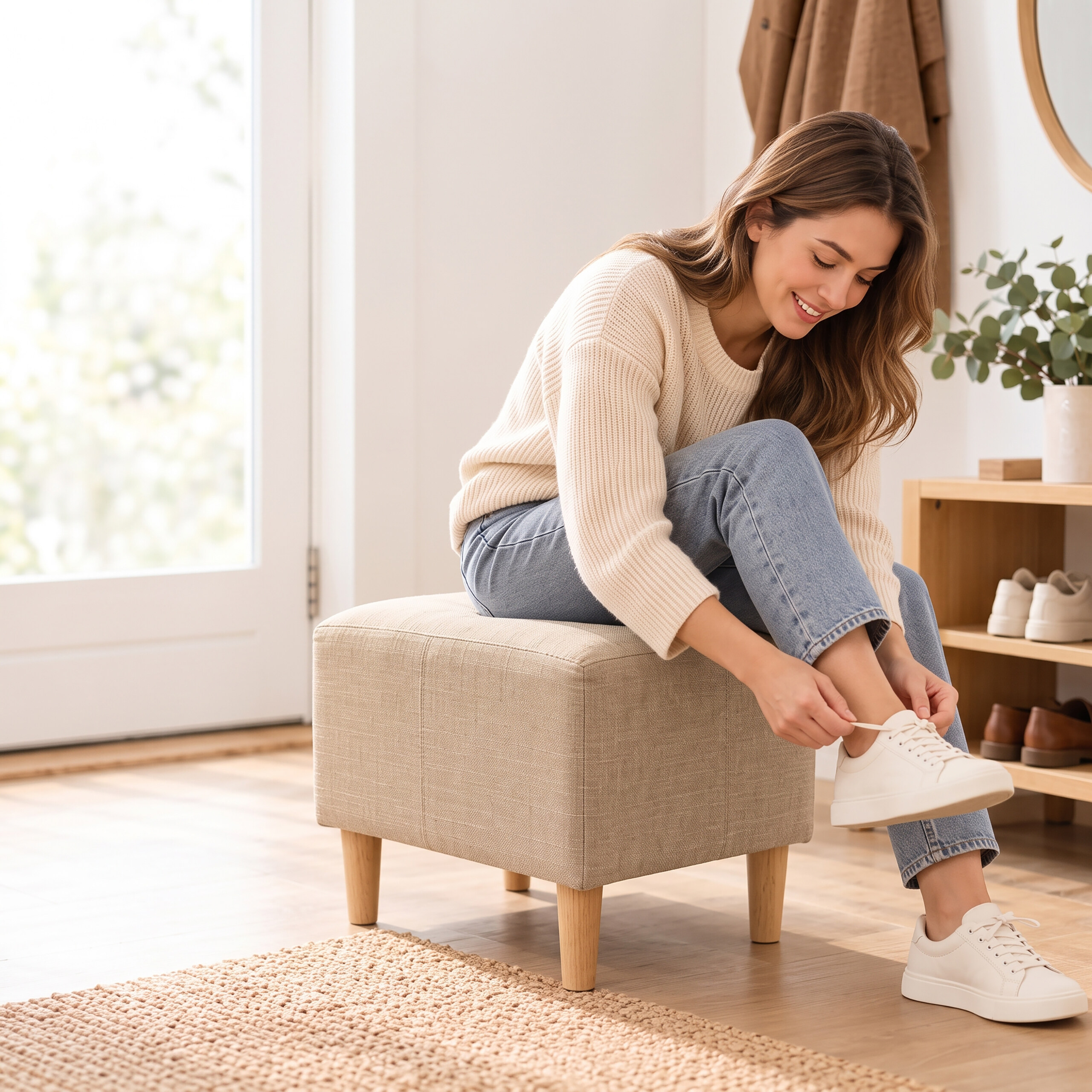 Eine Frau in weißem Pullover und Jeans sitzt auf einem Hocker und bindet ihre weißen Sneaker zu.