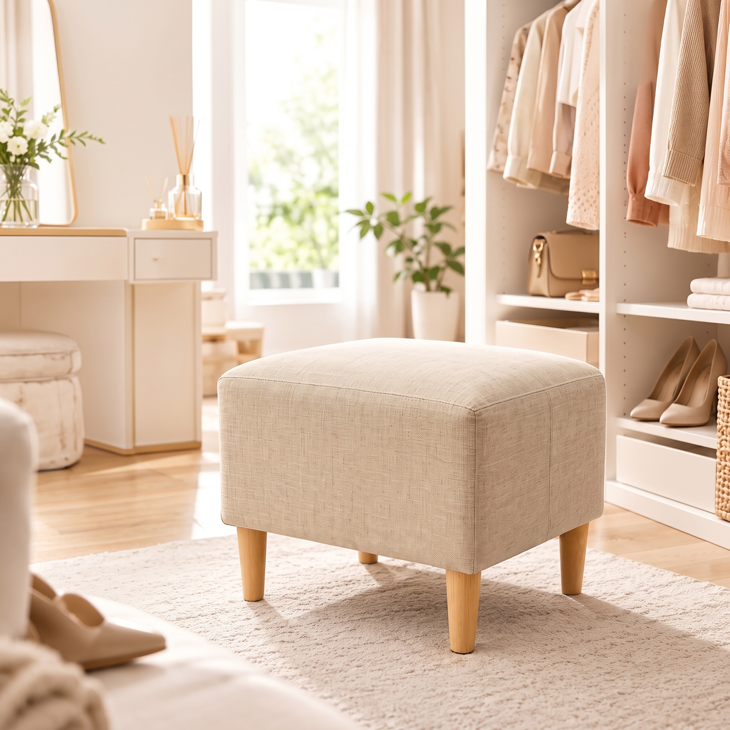 Ein beige gepolsterter Hocker steht auf einem Teppich in einem hellen Ankleidezimmer mit Frisiertisch und offenem Schrank.