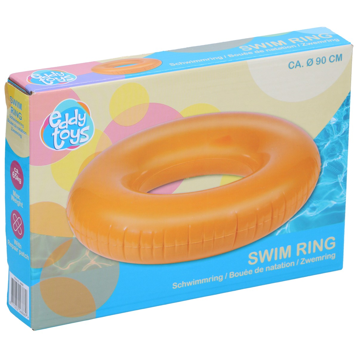 Eine bunte Verpackung für einen orangen 90 cm Schwimmring von Eddy Toys mit Wassertippen im Hintergrund.