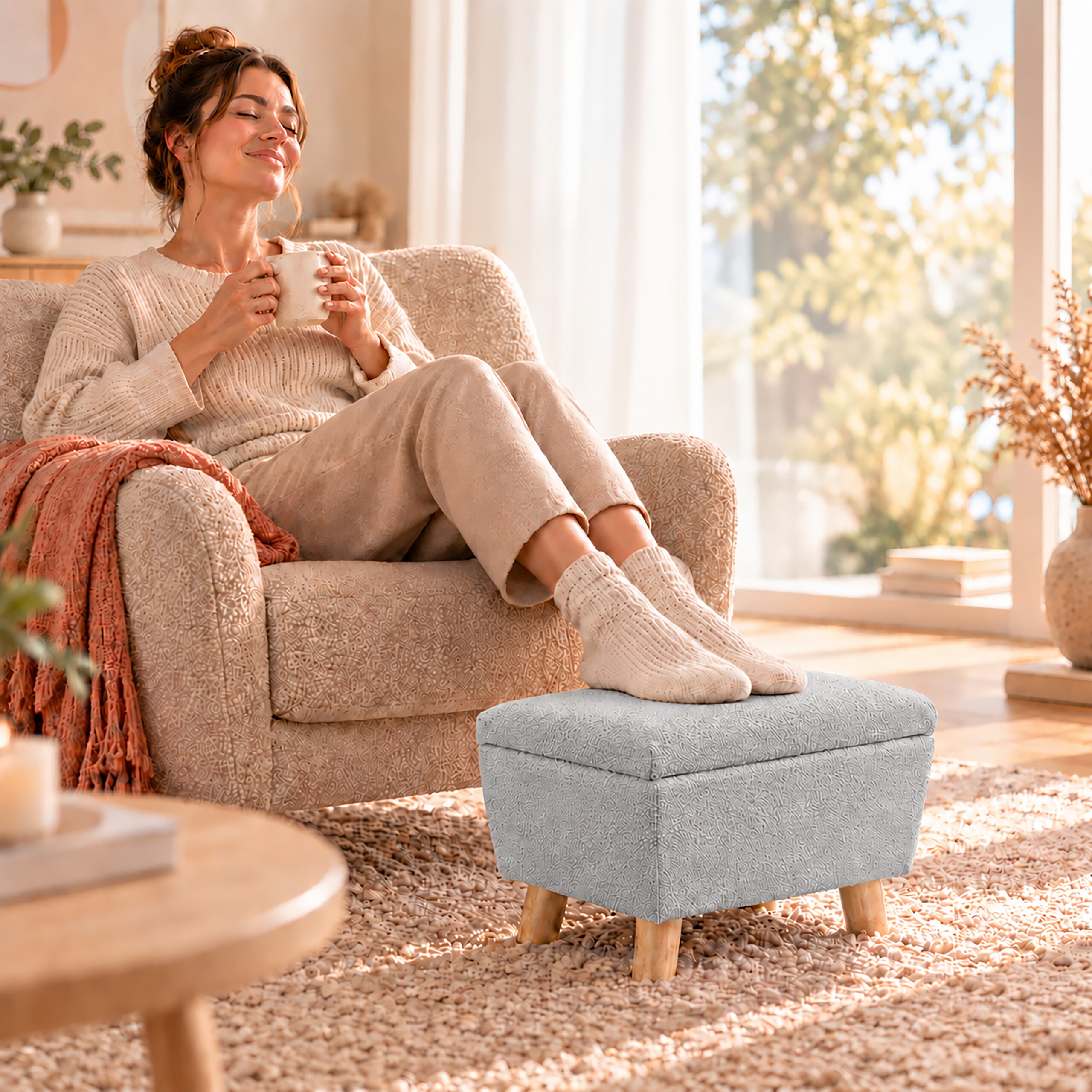 Eine Frau in gemütlicher Kleidung sitzt in einem Sessel, hält eine Tasse und legt die Füße auf einen Hocker.