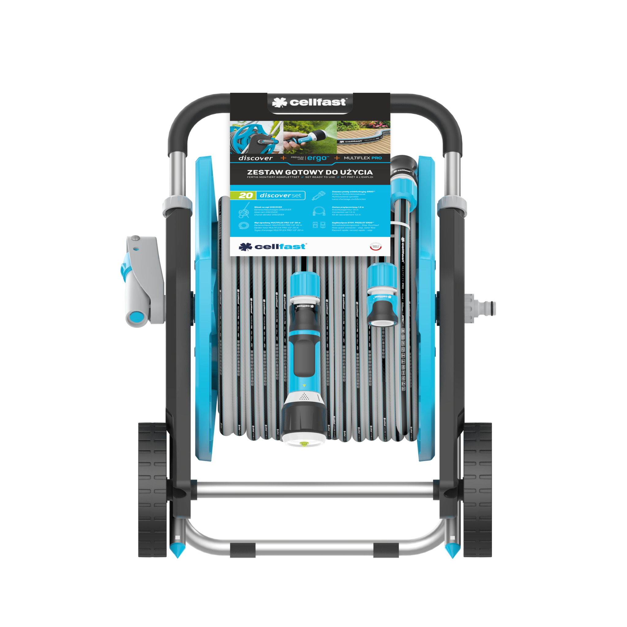 Cellfast Gartenschlauchwagen in Blau und Schwarz mit Schlauch, Düse und Zubehör auf weißem Hintergrund.