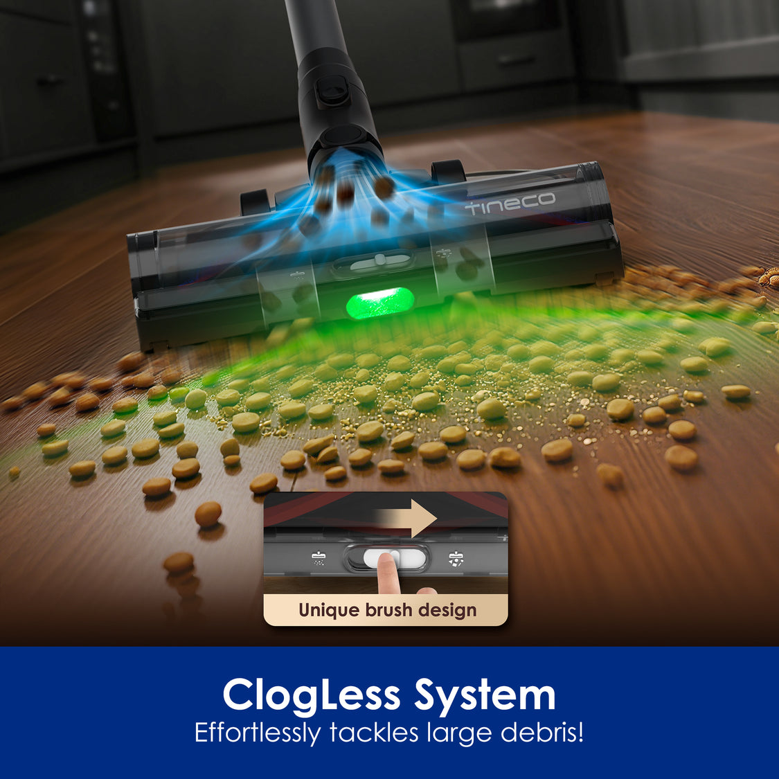 Een stofzuiger zuigt granen op van een houten vloer, met tekst ClogLess System.